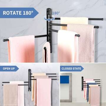 Swivel Towel Rack, Towel Bar with Wall Mounted 180° Rotation, 5 Arms Towel Hanger SUS 304 Stainless Steel, Space Saving for Kitchen, Bathroom, Outdoor, Matte Black