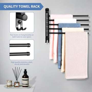 Swivel Towel Rack, Towel Bar with Wall Mounted 180° Rotation, 5 Arms Towel Hanger SUS 304 Stainless Steel, Space Saving for Kitchen, Bathroom, Outdoor, Matte Black
