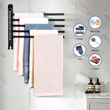 Swivel Towel Rack, Towel Bar with Wall Mounted 180° Rotation, 5 Arms Towel Hanger SUS 304 Stainless Steel, Space Saving for Kitchen, Bathroom, Outdoor, Matte Black