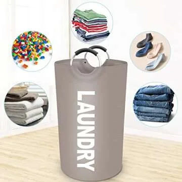 StorageRight 90L Large Laundry Basket, Laundry Hamper, Dirty Clothes Hamper for Laundry, Collapsible, Waterproof Laundry Baskets with Foam Protected Aluminum Handles for Laundry, Dorm, Family (Khaki)