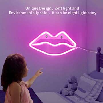 Lip Neon Signs Sexy Neon Light Pink Lips Led Neon Sign Art Neon Led Sign Wall Decor Light up Sign 3 x AA Batteries Powered Switch Neon Light for Wall Decor Ladies Room Wedding Party Decoration (Pink)