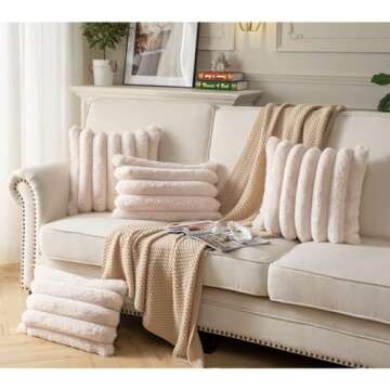 Joyouth Faux Fur Plush Throw Pillow Covers 12x20 Inch Set of 2 - Luxury Decorative Fuzzy Striped Soft Cozy Pillowcase for Couch, Sofa, Living Room - Beige