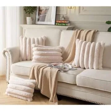 Joyouth Faux Fur Plush Throw Pillow Covers 12x20 Inch Set of 2 - Luxury Decorative Fuzzy Striped Soft Cozy Pillowcase for Couch, Sofa, Living Room - Beige