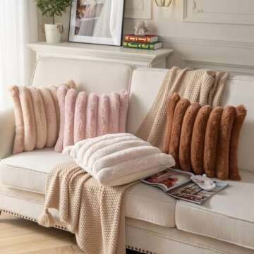 Joyouth Faux Fur Plush Throw Pillow Covers 12x20 Inch Set of 2 - Luxury Decorative Fuzzy Striped Soft Cozy Pillowcase for Couch, Sofa, Living Room - Beige