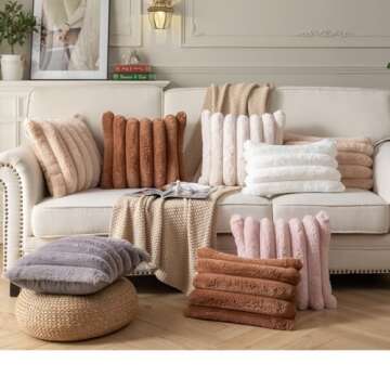 Joyouth Faux Fur Plush Throw Pillow Covers 12x20 Inch Set of 2 - Luxury Decorative Fuzzy Striped Soft Cozy Pillowcase for Couch, Sofa, Living Room - Beige