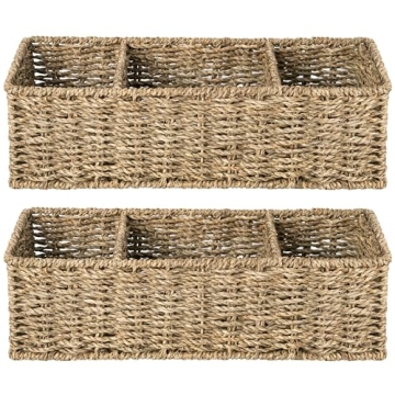Eco-Friendly Wicker Toilet Basket Organizer - 3-Section Storage, 2-Pack
