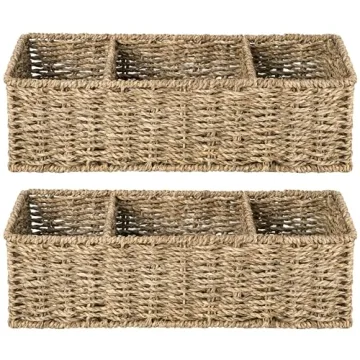 Eco-Friendly Wicker Toilet Basket Organizer - 3-Section Storage, 2-Pack