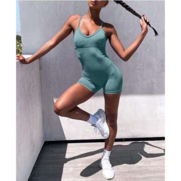 OLCHEE Women's Sexy Workout One Piece Romper Outfit - Bodycon Spaghetti Strap Yoga Shorts Jumpsuit - Heather Green Size M