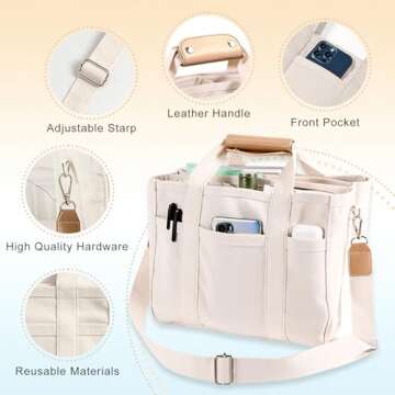 Qurlon Multi Pocket Tote Bag for Women CanvasBag with Handle Mommy Bag Large Cpacity Purse Reusable ...