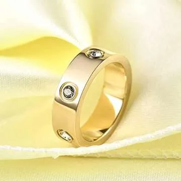 VQYSKO Love Friendship Ring 18K Gold plated Cubic Zirconia Stainless Steel wedding Promise Bands Jewelry Birthday Gifts for Women, Size 6-11 (6mm Golden, 8)