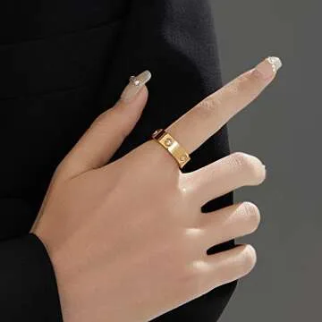 VQYSKO Love Friendship Ring 18K Gold plated Cubic Zirconia Stainless Steel wedding Promise Bands Jewelry Birthday Gifts for Women, Size 6-11 (6mm Golden, 8)