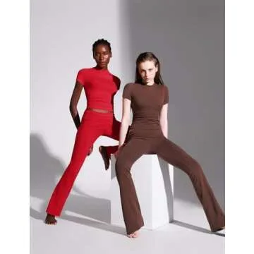 PUMIEY Two Piece Sets for women Lounge Sets Short Sleeve Tops Flare Leggings Set Going Out Casual Outfits Matching Sets Tracksuit, Chocolate Small