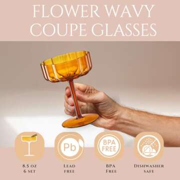 Khen Shatterproof Acrylic Flower Wavy Vintage Art Deco Martini, Champagne & Cocktail Muted Pastel Co...