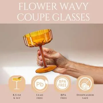 Khen Shatterproof Acrylic Flower Wavy Vintage Art Deco Martini, Champagne & Cocktail Muted Pastel Co...