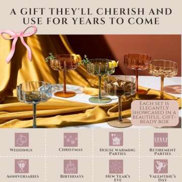 Khen Shatterproof Acrylic Flower Wavy Vintage Art Deco Martini, Champagne & Cocktail Muted Pastel Color Plastic Tritan Coupe Glasses | 6 Set | 8.5oz Glassware Classic Cocktail Indoor & Outdoor Set