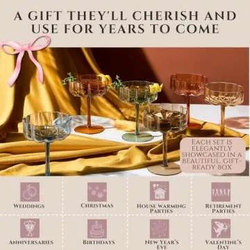 Khen Shatterproof Acrylic Flower Wavy Vintage Art Deco Martini, Champagne & Cocktail Muted Pastel Color Plastic Tritan Coupe Glasses | 6 Set | 8.5oz Glassware Classic Cocktail Indoor & Outdoor Set