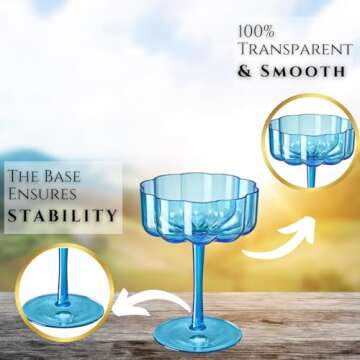 Khen Shatterproof Acrylic Flower Wavy Vintage Art Deco Martini, Champagne & Cocktail Muted Pastel Color Plastic Tritan Coupe Glasses | 6 Set | 8.5oz Glassware Classic Cocktail Indoor & Outdoor Set