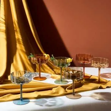 Khen Shatterproof Acrylic Flower Wavy Vintage Art Deco Martini, Champagne & Cocktail Muted Pastel Color Plastic Tritan Coupe Glasses | 6 Set | 8.5oz Glassware Classic Cocktail Indoor & Outdoor Set