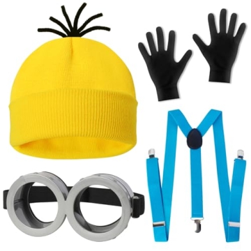 CONGRU 4 Pcs Halloween Costume Accessories for Adults - Beanie, Goggles, Gloves & Suspenders