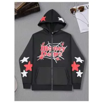 GORGLITTER Men's Star Graphic Y2k Zip Up Hoodie Oversized Grunge Streetwear Hooded Sweatshirt Cool Lightweight Jacket Black Large
