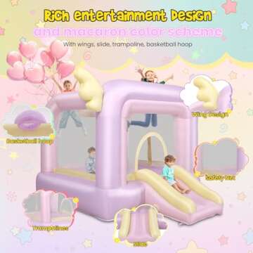 AKEYDIY Bounce House for Kids, 106''x85''x80'' Cotton Candy Inflatable Bouncy Castle with Wings, Slide, Basketball Hoop, Include Blower/Inflatable Bopper for Indoor Outdoor Party (AKSJ-01)
