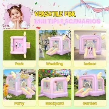 AKEYDIY Bounce House for Kids, 106''x85''x80'' Cotton Candy Inflatable Bouncy Castle with Wings, Slide, Basketball Hoop, Include Blower/Inflatable Bopper for Indoor Outdoor Party (AKSJ-01)