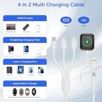 4 in 2 Multi Charging Cable for Apple Watch Charger,USB C Cable Universal Travel Charger with L/Type C Compatible with iPhone 16 15 14 13 iWatch Series 10/9/8/7/6/5/4/3/2/1 Galaxy S23 S22-4FT