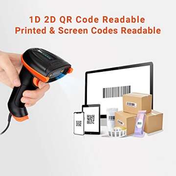 Tera 2D Barcode Scanner with Stand Wired USB 2.0 Handheld Read 2D QR Code Scanner Data PDF417 Matrix 1D Bar Code CMOS Image Barcode Reader for Windows Mac Linux Plug and Play Model D5100Y-Z