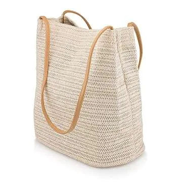 OCT17 Women Straw Beach Bag tote Shoulder Bag Summer Handbag - White