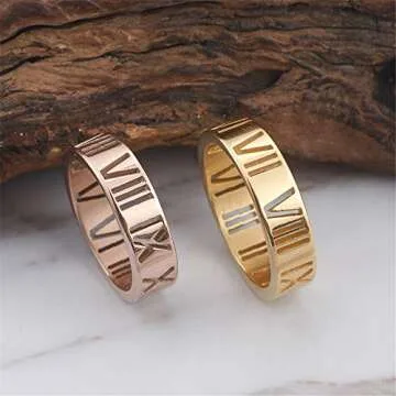 Elefezar Openwork Roman Numeral Stainless Steel Ring for Women Dainty Band Plated Jewelry Gold 9