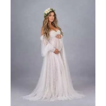 MXODI Women's Off Shoulder Tulle Maternity Dress for Photoshoot, Long Baby Shower Gown in Ivory