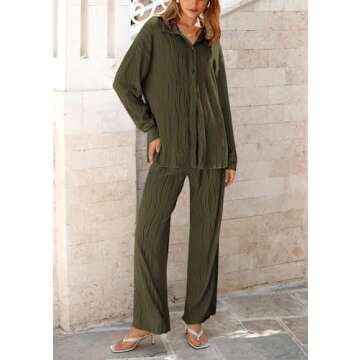 PRETTYGARDEN Women's 2 Piece Textured Sets Casual Button Down Shirt Wide Leg Pants Outfit Loungewear Tracksuit (Army Green,Small)