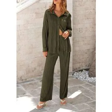 PRETTYGARDEN Women's 2 Piece Textured Sets Casual Button Down Shirt Wide Leg Pants Outfit Loungewear Tracksuit (Army Green,Small)