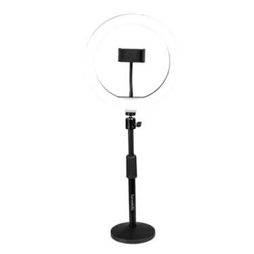 Gator Frameworks 10-Inch LED Desktop Ring Light Stand with Phone Holder and Compact Weighted Base; (GFW-RINGLIGHTDSKTP)