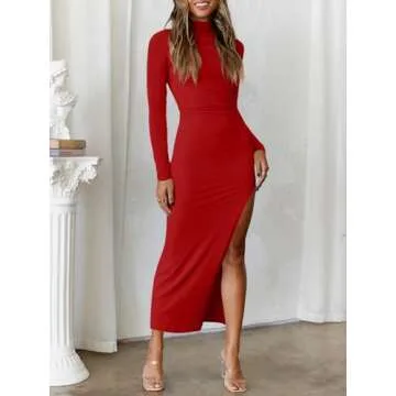 MIROL Women's 2025 Bodycon Maxi Dress Mock Neck Side Slit Fall Long Sleeve Ruched Long Dress Red