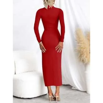 MIROL Women's 2025 Bodycon Maxi Dress Mock Neck Side Slit Fall Long Sleeve Ruched Long Dress Red