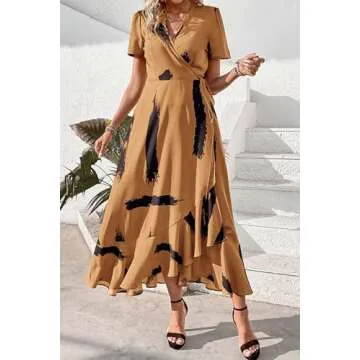 PRETTYGARDEN Women's Summer Wrap Maxi Dress Casual Boho Floral V Neck Short Sleeve Ruffle Hem Split Beach Long Dresses (Yellow Black Ink,Large)