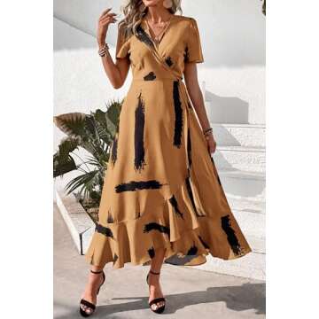 PRETTYGARDEN Women's Summer Wrap Maxi Dress Casual Boho Floral V Neck Short Sleeve Ruffle Hem Split Beach Long Dresses (Yellow Black Ink,Large)