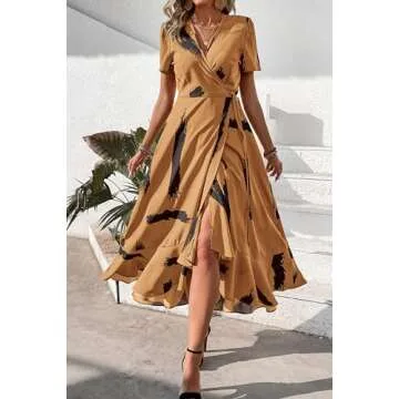 PRETTYGARDEN Women's Summer Wrap Maxi Dress Casual Boho Floral V Neck Short Sleeve Ruffle Hem Split Beach Long Dresses (Yellow Black Ink,Large)