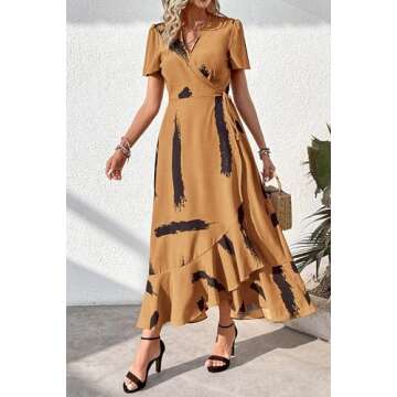 PRETTYGARDEN Women's Summer Wrap Maxi Dress Casual Boho Floral V Neck Short Sleeve Ruffle Hem Split Beach Long Dresses (Yellow Black Ink,Large)
