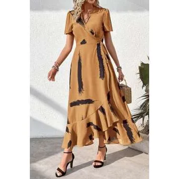 PRETTYGARDEN Women's Summer Wrap Maxi Dress Casual Boho Floral V Neck Short Sleeve Ruffle Hem Split Beach Long Dresses (Yellow Black Ink,Large)