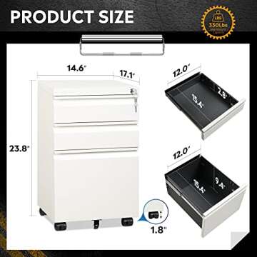 DEVAISE 3-Drawer Mobile File Cabinet (Under Office Desk), Assembled Except Casters, Fits Letter/Standard Sizes, White