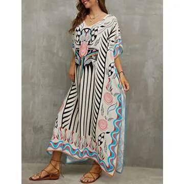 Bsubseach Kaftan Dresses for Women Plus Swimsuit Cover Up Caftan Loungewear Dress Resort Wear Beige Print