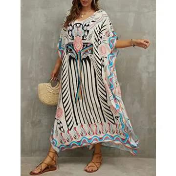 Bsubseach Kaftan Dresses for Women Plus Swimsuit Cover Up Caftan Loungewear Dress Resort Wear Beige Print