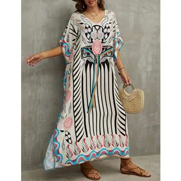 Bsubseach Kaftan Dresses for Women Plus Swimsuit Cover Up Caftan Loungewear Dress Resort Wear Beige Print