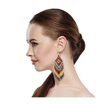 Vibrant Southwestern Geometric Pattern Handmade Earrings (Fire Red Sky Blue)