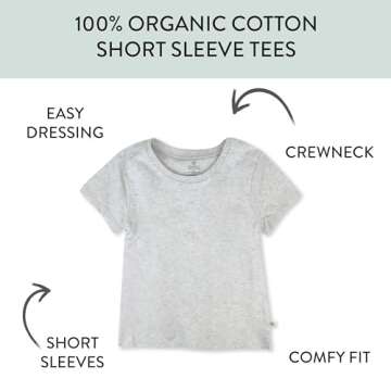 HonestBaby 5-Pack Short Sleeve T-Shirts 100% Organic Cotton Baby, Toddler, Little Kid, Boy, Girl, Un...