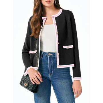 Saodimallsu Womens Cropped Cardigans Crew Neck Color Block Button Down Long Sleeve Fall Knit Sweater...