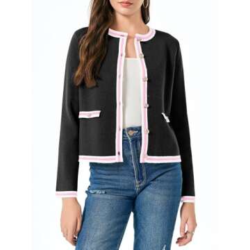 Saodimallsu Womens Cropped Cardigans Crew Neck Color Block Button Down Long Sleeve Fall Knit Sweater Jackets Black