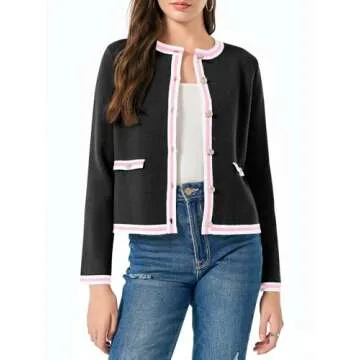 Saodimallsu Womens Cropped Cardigans Crew Neck Color Block Button Down Long Sleeve Fall Knit Sweater Jackets Black